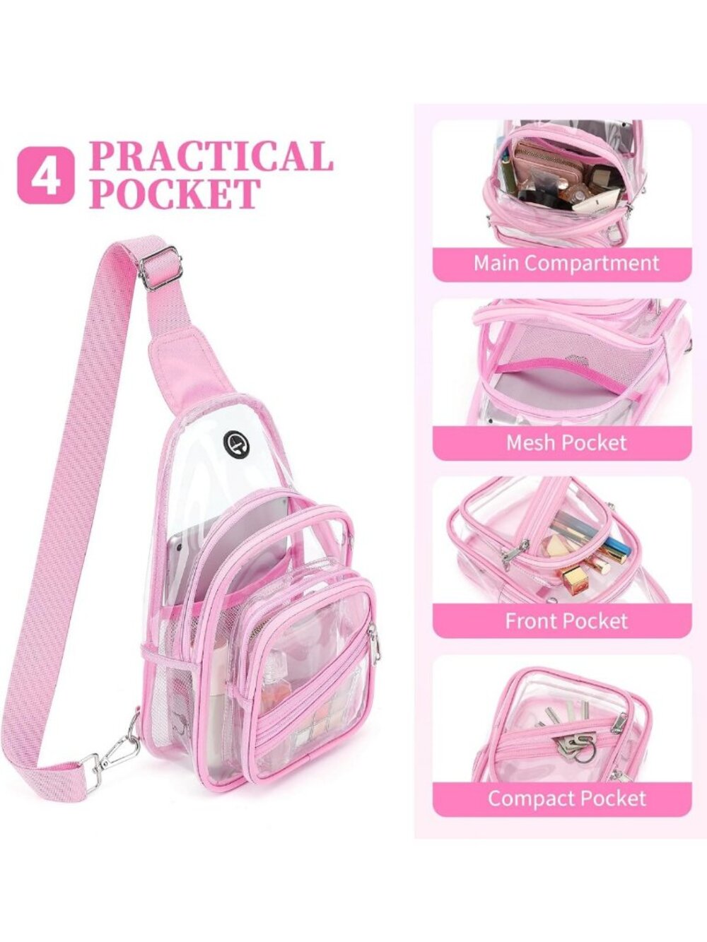 Clear Stadium Event Bag, Waterproof PVC Crossbody Backpack Purse & Fanny Pack - Picture 4 of 9